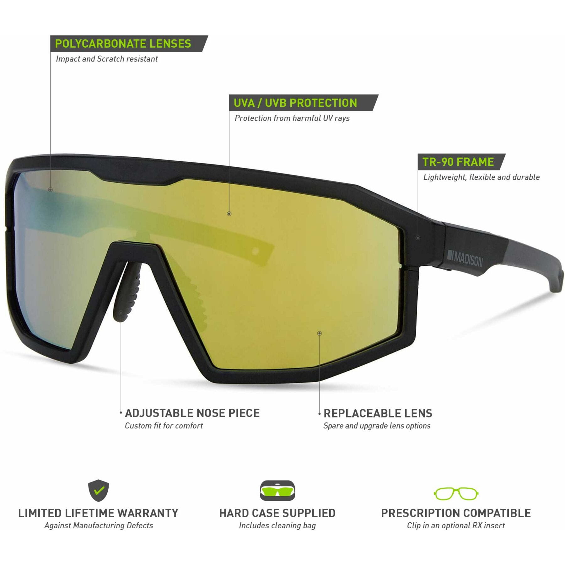 Madison Enigma Sunglasses in Matt Black with 3 Pack of Lenses - Bronze Mirror/ Amber and Clear - Image 6