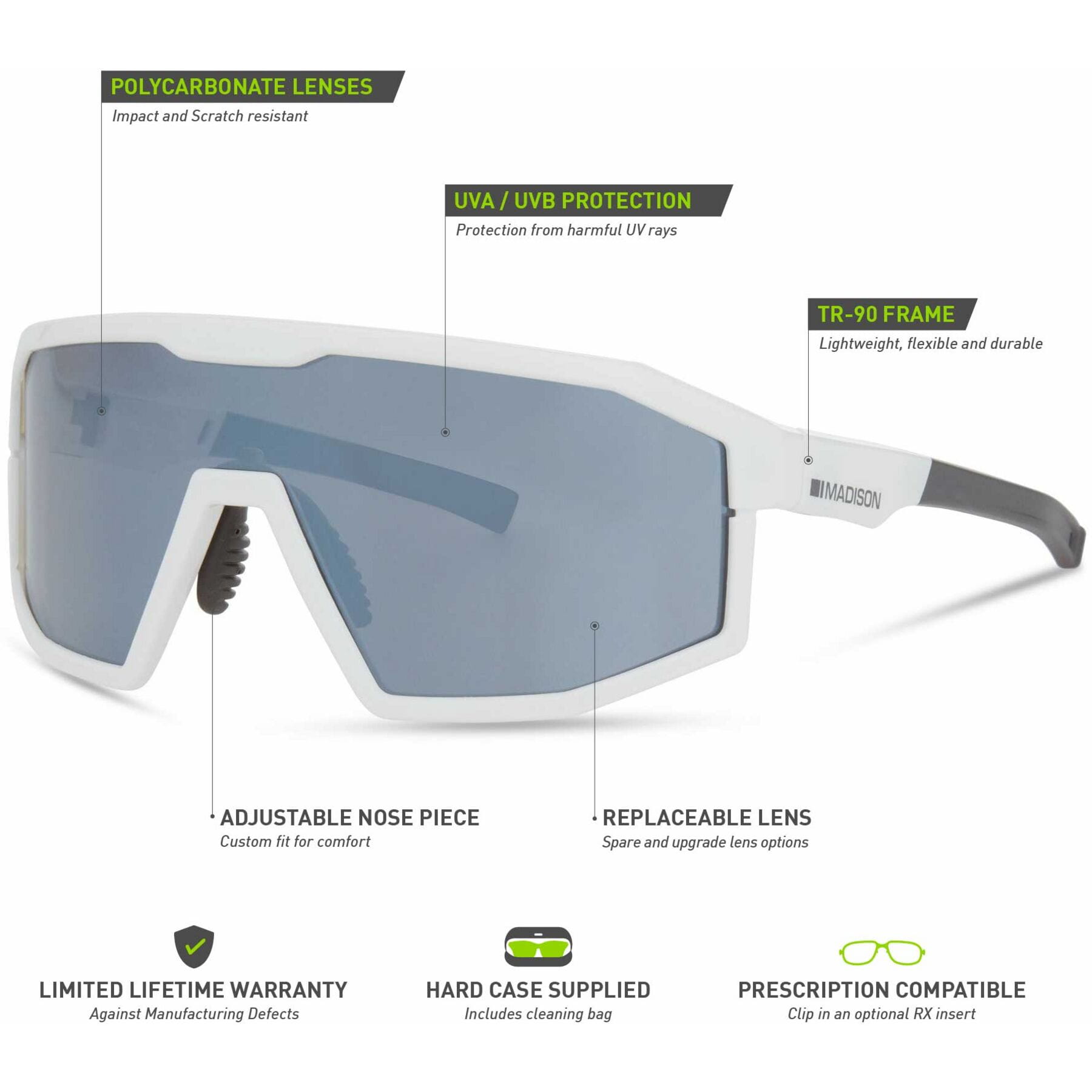 Madison Enigma Glasses - 3 pack - gloss white / silver mirror / amber and clear lens - Image 4