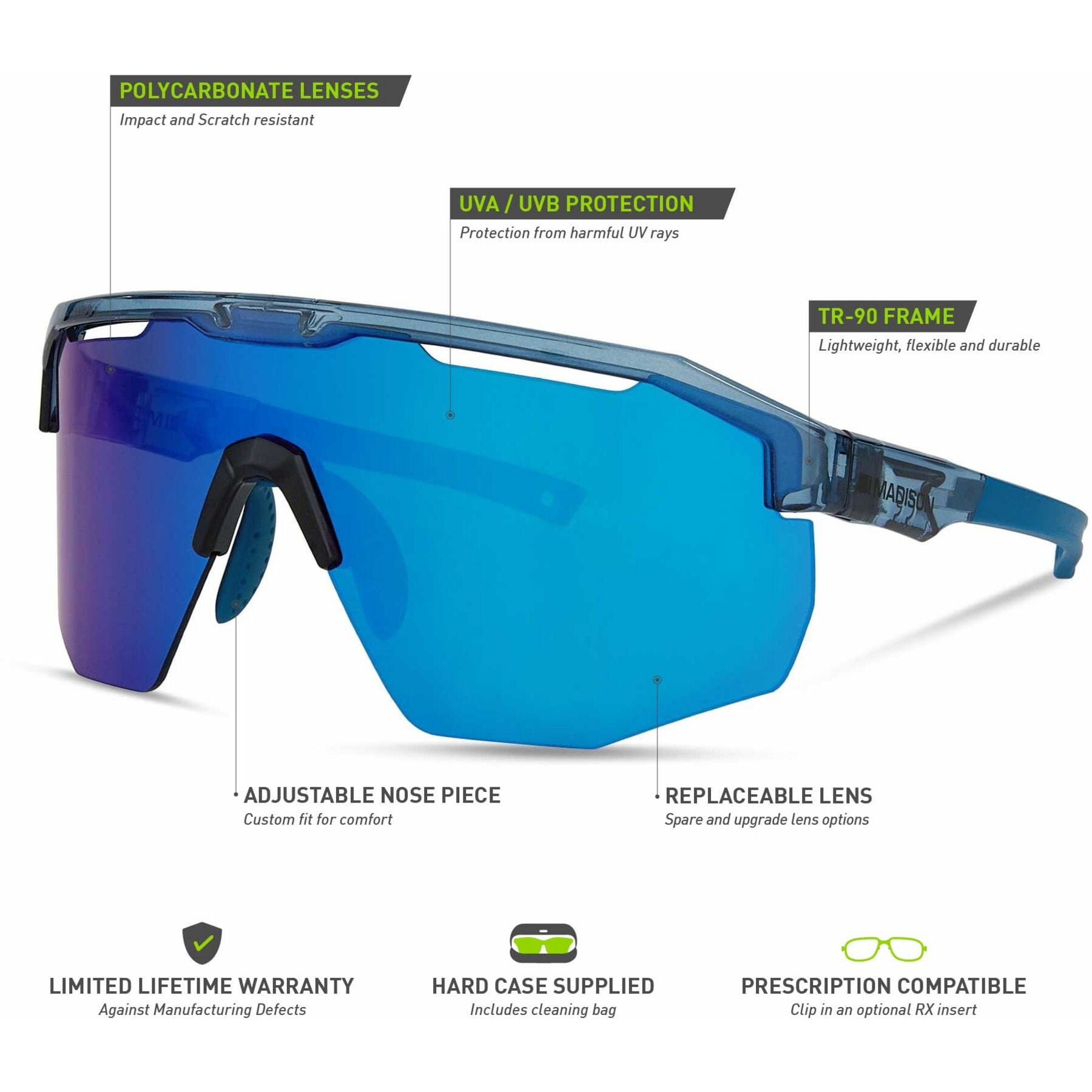 Madison Cipher Sunglasses in Crystal Gloss Blue with 3 Pack of Lenses Blue mirror/ Amber and Clear - Image 5