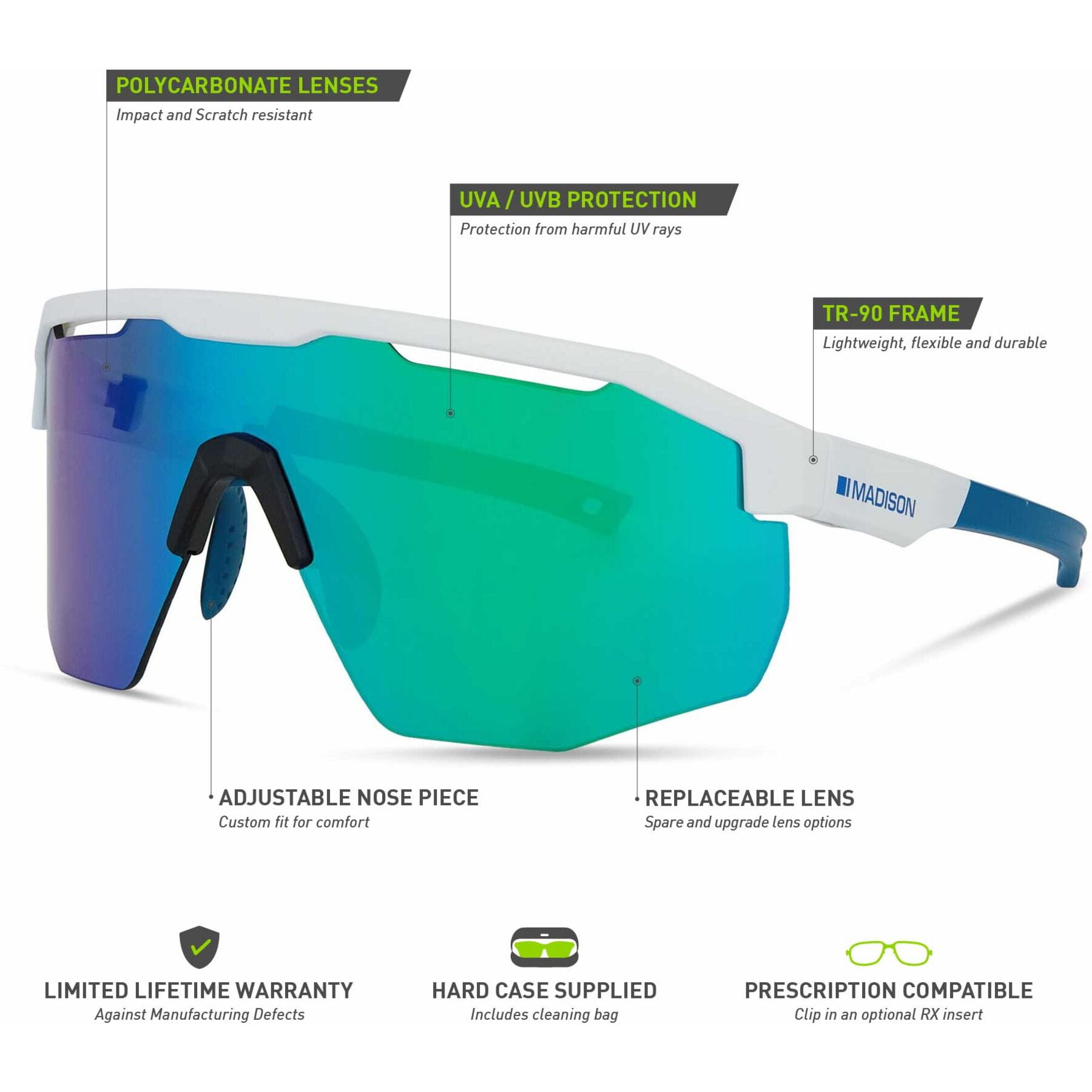 Madison Cipher Sunglasses - White with Green Mirror Lens - Image 5