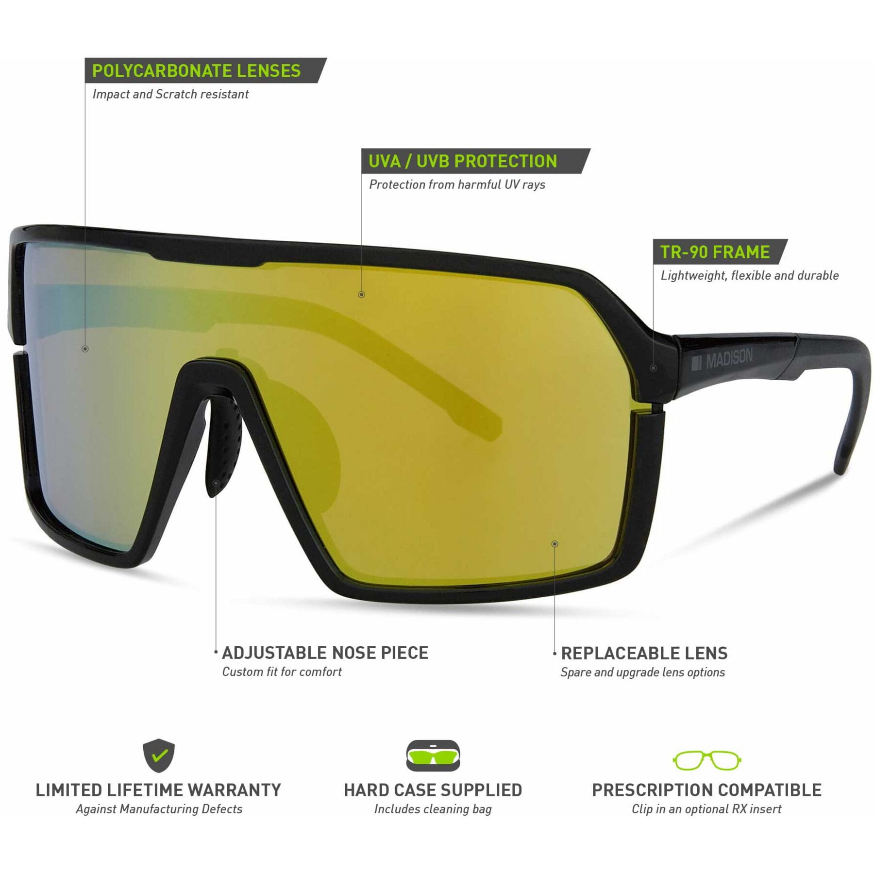 Madison Crypto Sunglasses in Gloss Black with 3 Pack of Lenses - Bronze Mirror, Amber and Clear - Image 5