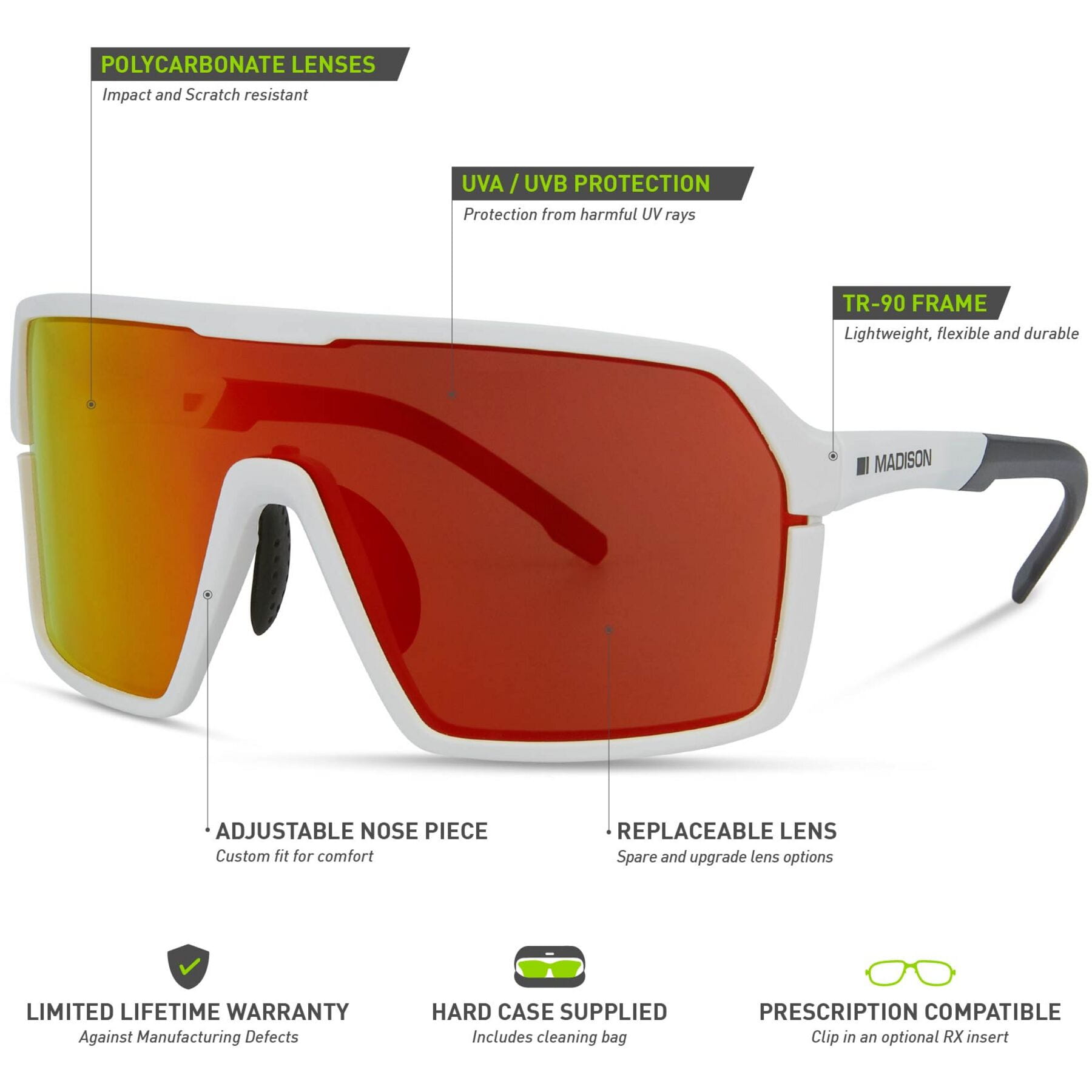 Madison Crypto Sunglasses in Gloss White with 3 Pack of Lenses - Fire Mirror/ Amber and Clear - Image 5