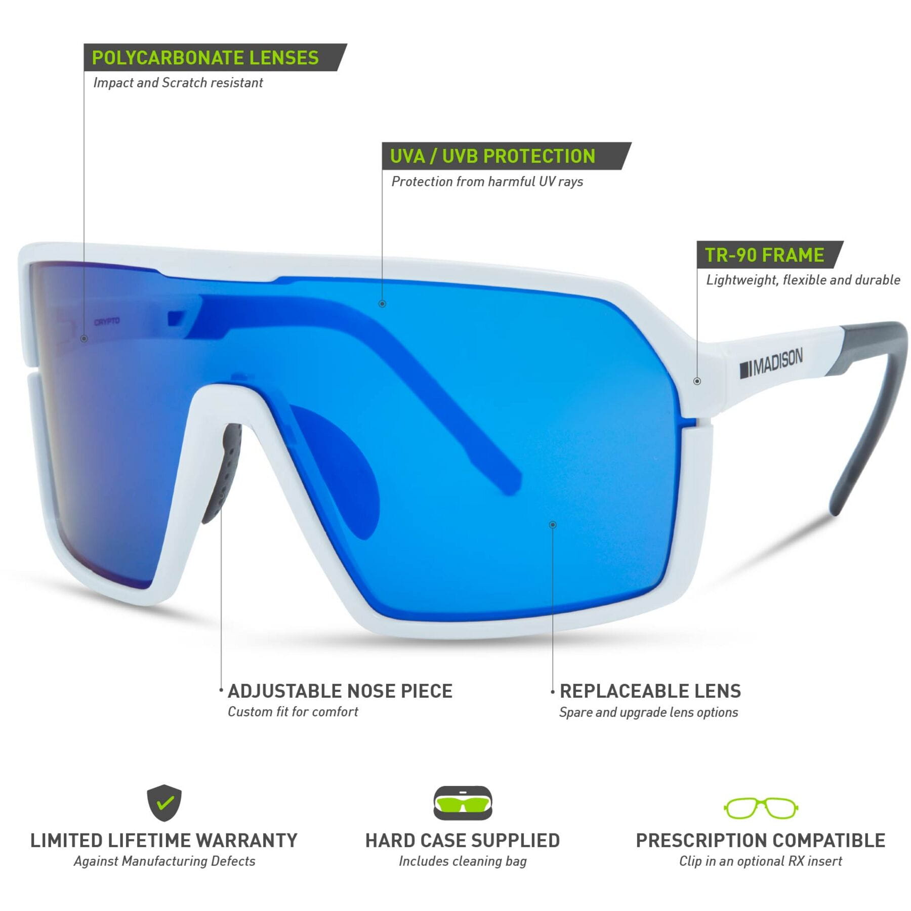 Madison Crypto Sunglasses in Gloss White with 3 pack of Lens - Blue Mirror / Amber and Clear - Image 7