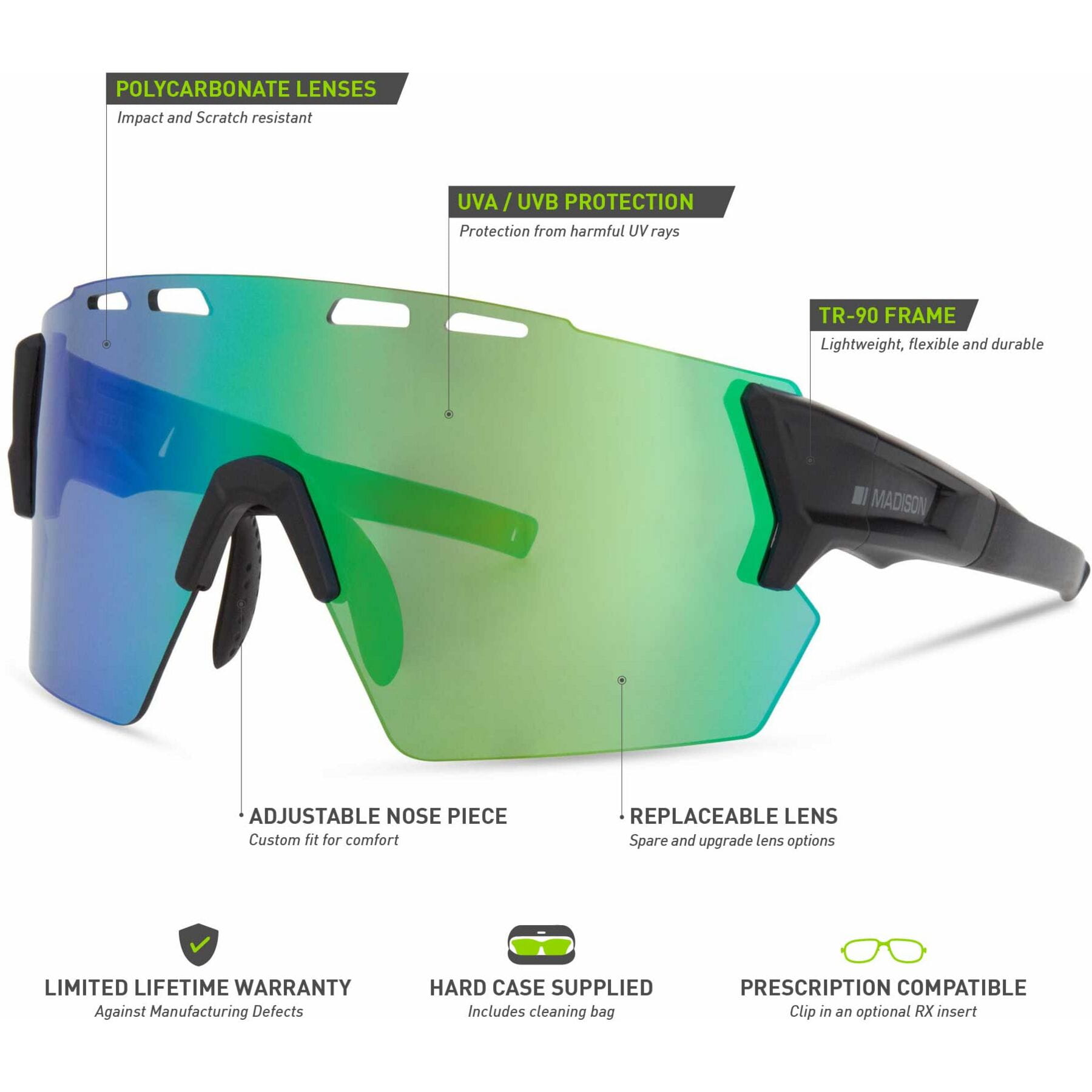Madison Stealth II Sunglasses Matt Dark Grey / Green Mirror - Image 4